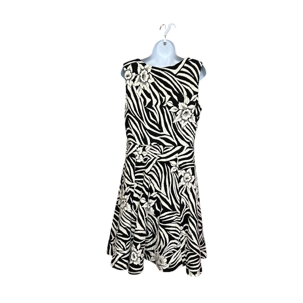 Frank Lyman Black White Zebra Floral Side Zip A-Line Dress Size 12 - Picture 4 of 6